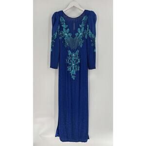 Alyce Designs Vintage Gown Womens 10 Blue Beaded 100% Silk Sequins Long Sleeves